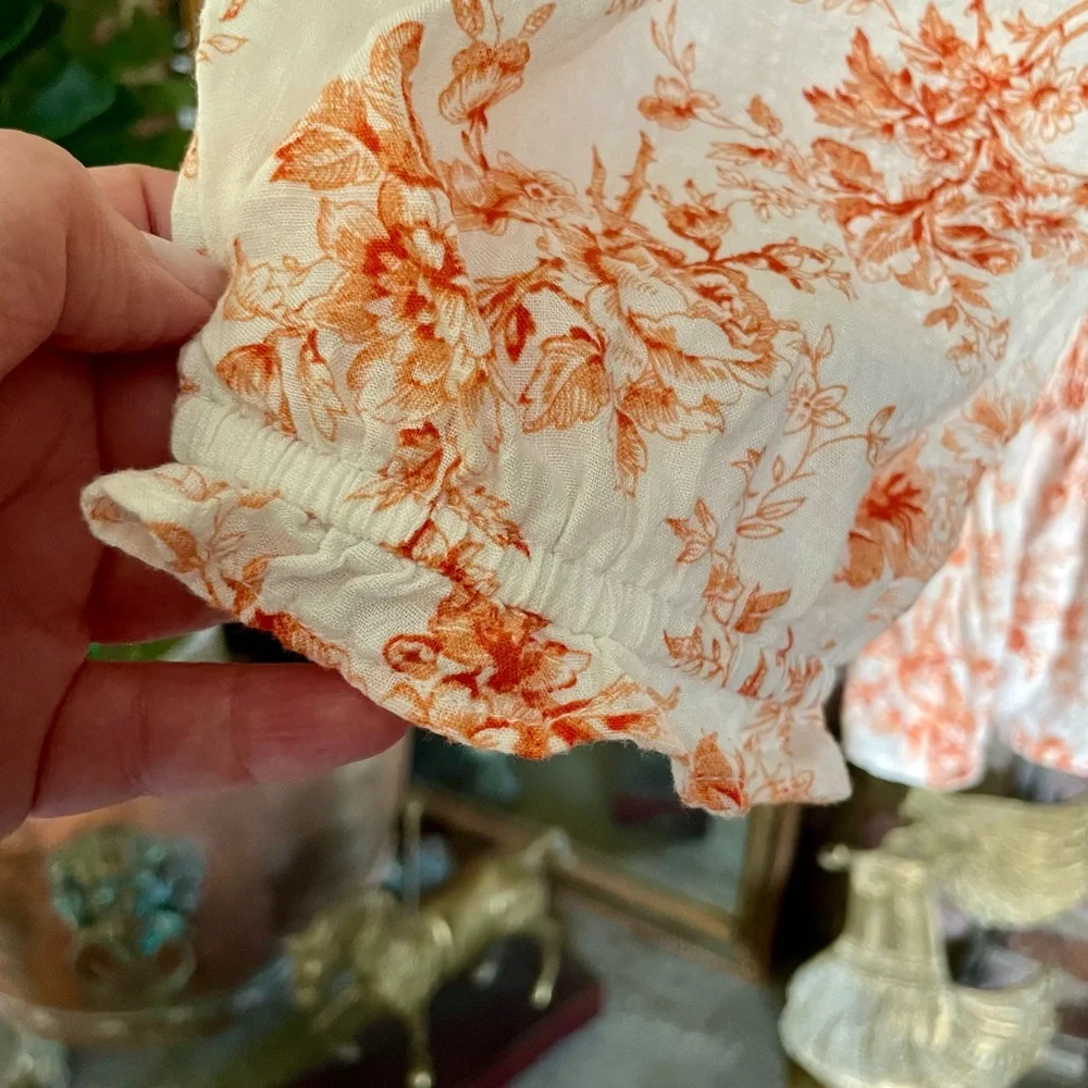 LOFT Orange Smocked Floral Peplum Blouse Puff Sleeve Cottagecore Resort Retro